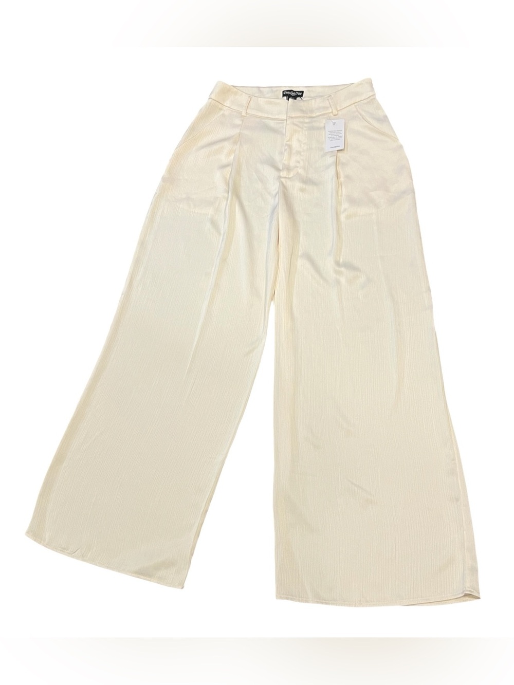 New PrettyLittleThing Cream Textured Wide-Leg Double Pleat Trousers US Size 2
